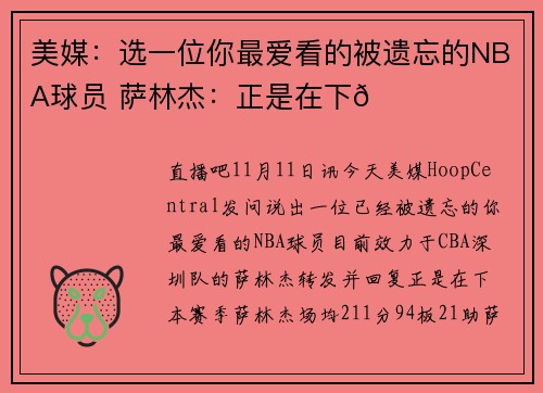 美媒：选一位你最爱看的被遗忘的NBA球员 萨林杰：正是在下😂