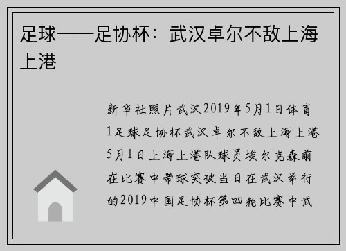 足球——足协杯：武汉卓尔不敌上海上港