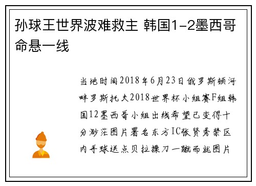 孙球王世界波难救主 韩国1-2墨西哥命悬一线